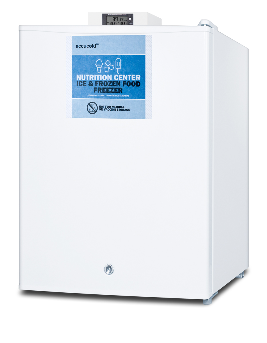 Commercially approved Nutrition Center series compact all-freezer in white with front lock and NIST calibrated digital temperature display